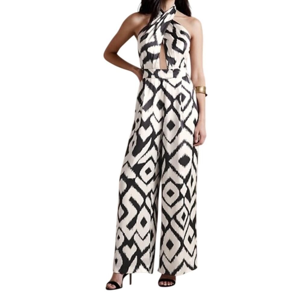 Banana Republic Cream and Black Ikat Print Silk Wide Leg Jumpsuit 6